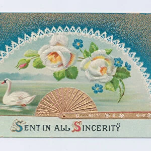 Edwardian postcard of a fan with pictures of a swan on a lake and roses
