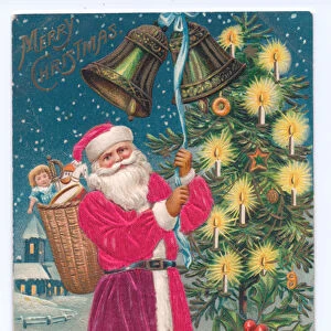Edwardian postcard of Father Christmas with a basket of toys on his back ringing a bell