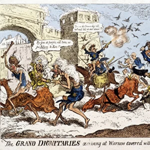 English cartoon about the arrival of the Napoleonic army in Warsaw under snow after