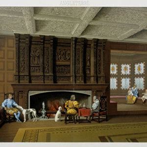 English lord and his family in his 17th century home. Chromolithographic plate - in "