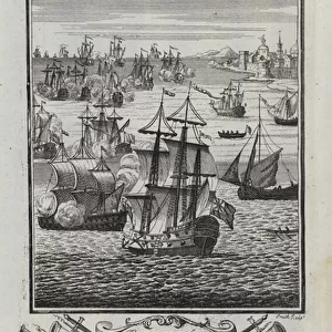 The English seize on a French fleet going to the relief of Dunkirk (engraving)