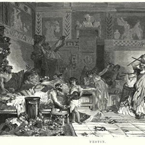 Entertainment after the meal at a Roman feast (litho)