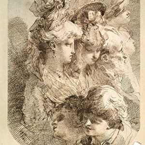 Etude de huit tetes. (Studies of eight heads). Dessin de Mauro Gandolfi (1764-1834). Art italien. Crayon et encre de chine brune sur papier. Musee Pouchkine, Moscou