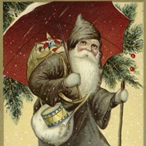 Father Christmas in a fur coat, carrying presents (chromolitho)
