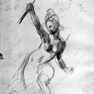 Female Nude, study for Liberty Leading the People (pencil on paper) (b / w photo)