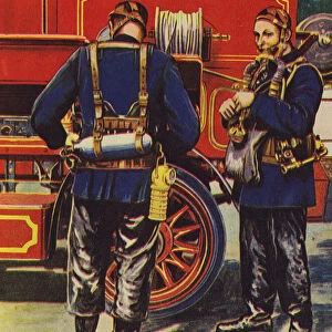 Firemen putting on their smoke helmets (colour litho)