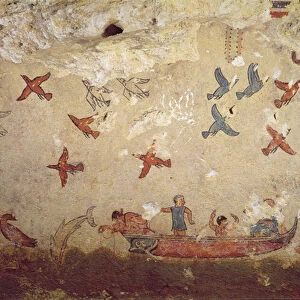 Fishermen in a boat and birds flying, from the Tomb of Fishing and Hunting, c
