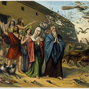 After the flood, Noah, his family and animals come out of the ark - in "