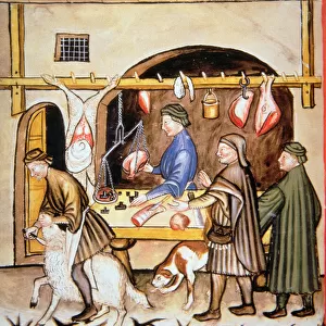 Fol. 72v The Butcher s: Selling Mutton, illustration from Tacuinum Santiatis (vellum)