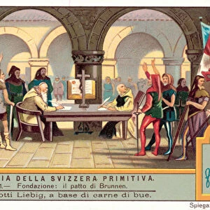 Founding of the Old Swiss Confederacy by the Pact of Brunnen, 1315 (chromolitho)