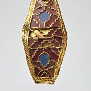 Four-sided lentoid bead (enamel, garnet & gold)