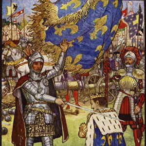 Francis I, the King of France, receives the order of Knighthood from Bayard (colour litho)