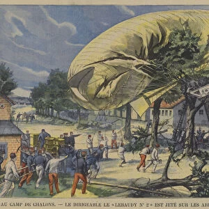 French Army airship Lebaudy No 2 after being blown into trees at the military camp of Chalons during a storm (colour litho)