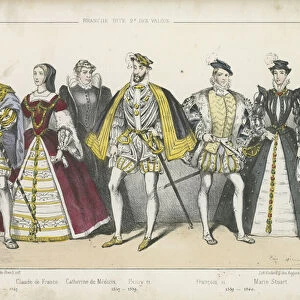 French kings and queens of the 16th Century (coloured engraving)