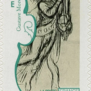French postage stamp showing a young man playing a harp, from a drawing by French artist Gustave Moreau