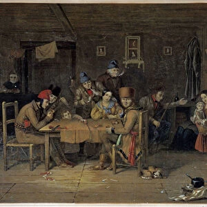 French settlers in Canada playing cards - painting by Krieghoff, 19th century
