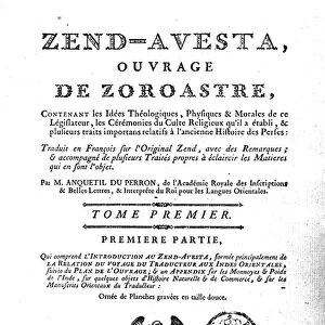 Frontispiece of an edition of the Zend Avesta, 1771 (engraving) (b / w photo)