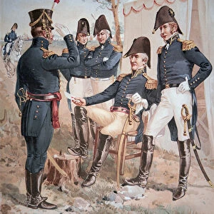 General Andrew Jackson (1767-1845) and his Staff in the field, 1818 (colour litho)