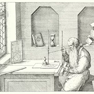 German goldsmith, artist and etcher Wenzel Jamnitzer in his studio (engraving)