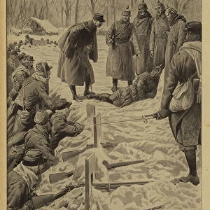 German soldiers surrendering to the French and delivering, tied up, one of their officers who had tried to stop them, World War I, 1915 (litho)