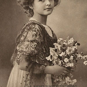 Girl with a posy of flowers and a birthday greeting (b / w photo)