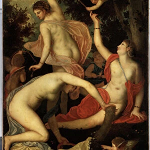 Graces et Cupidon (Graces and cupid). Peinture de Alessandro Varotari dit Il Padovanino (1588-1649). Art venitien, manierisme. Huile sur toile. Musee de l Ermitage, Saint Petersbourg