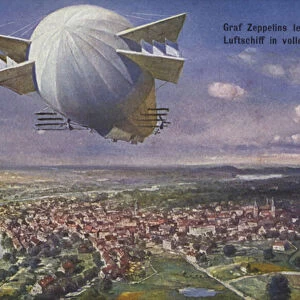 Graf Ferdinand von Zeppelins airship in flight (colour litho)