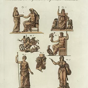 Greek and Roman gods: Kronos and Rhea 1, Rhea 2, Jupiter 3, 4, 5 and Juno 6, 7. Handcoloured copperplate engraving from Bertuch's " Bilderbuch fur Kinder" (Picture Book for Children), Weimar, 1805