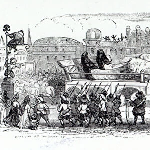 Gulliver being transported to the Lilliputian capital, an illustration from Gulliver s
