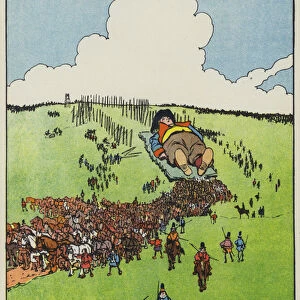 Gullivers Travels: Gulliver is carried to the City of the Little People (colour litho)
