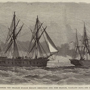 HMS Spiteful towing the Disabled Spanish Frigate Resolution into Port Stanley, Falkland Isles (engraving)