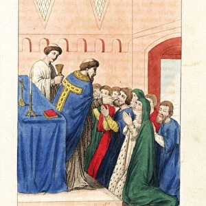Holy communion ceremony, 12th century. A priest and altar boy with tonsure giving holy communion to the kneeling congregation in a church. From a manuscript in the Royal Library