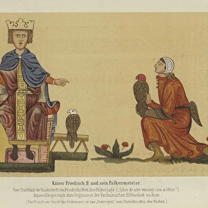 Holy Roman Emperor Frederick II and his Master of Falcons, 13th Century (colour litho)