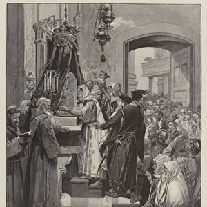Holy Thursday at the Holy Sepulchre, kissing the Column at which Christ was flagellated (engraving)