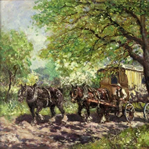 Two Horses and a Caravan (oil on canvas)