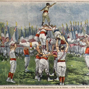 Human Pyramid at a French Gymnastics Festival in the Seine area, 1899 (colour engraving)