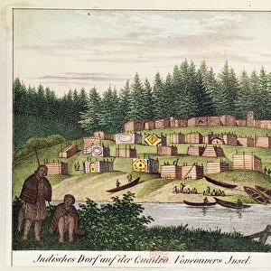 Indian Encampment on Quadra Island, Vancouver Islands (colour engraving)