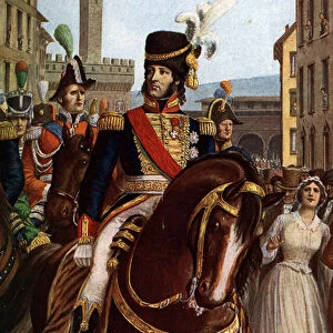 Italian Campaign: "Joachim Murat (1767-1815) returns to Florence in January 1801"(Gioacchino Murat entering in Florence, January 1801) Illustration by Tancredi Scarpelli (1866-1937) from "Storia d Italia"