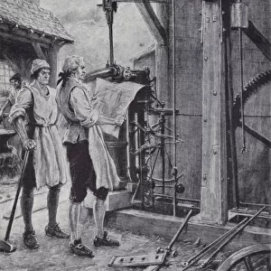 James Watt at work on the steam engine, 1763 (litho)