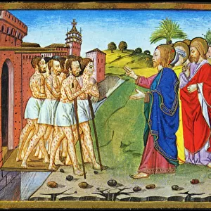 Jesus and the lepers. Miniature of Cristoforo by Predis - in Historia del nuovo testamento, 1476 (miniature)