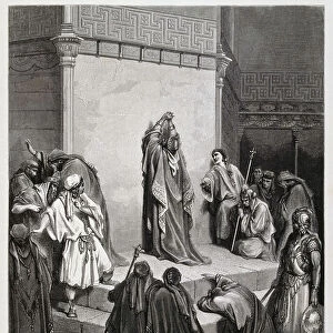 King David is inconsolable on receiving the news of the death of his son Absalom, Illustration from the Dore Bible, 1866