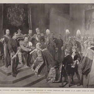 King Edward receiving the University Deputations, Lord Salisbury, the Chancellor of Oxford, presenting the Address at St Jamess Palace on 23 February (litho)