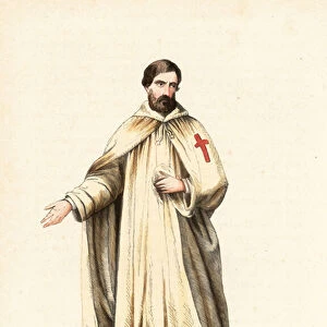 Knight of the Knights Templar in house habit, Templier en habit de maison. Handcoloured woodblock engraving after an illustration by Jacques Charles Bar from Abbot Tirons Histoire et Costumes des Ordres Religieux