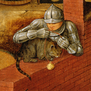Knight putting a bell on a cat, detail from The Flemish Proverbs (oil on canvas)