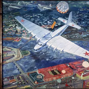 L avion ANT 20 Maxime Gorki. (The Aeroplane ANT 20 Maxim Gorky). Vue aerienne du plus grand avion sovietique des annees 30, propulse par huit moteurs, concu par Andrei Tupolev (1888-1972)