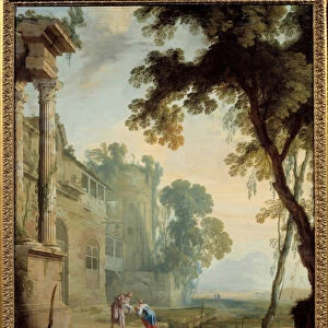 Landscape consists: a woman an old man and a child in a landscape of Roman ruins with