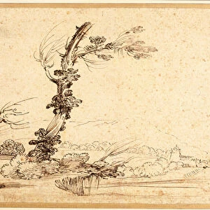 Landscape with falconers by a tree (pen & ink on paper)