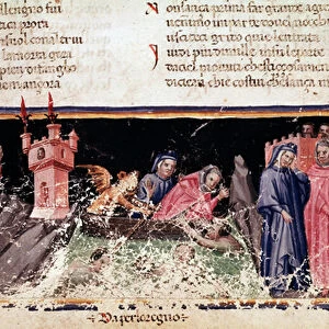 At the left, Dante and Virgil stand on the shore of the river Styx