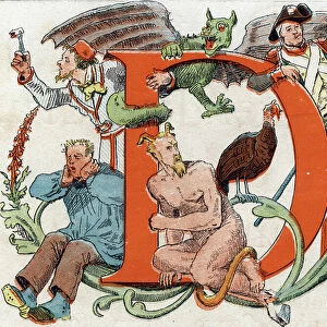 Letter D: Dentist, Dragon, Devil, Turkey, Flag. engraving in " Alphabet". Finish printing on 15 November 1875 by Charles Unsinger for Alphonse Lemerre, bookseller-publisher, Paris, 27-31 passage Choiseul