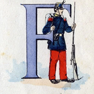 Letter F as infantryman. Military alphabet. Imaging of Epinal, circa 1870-1880